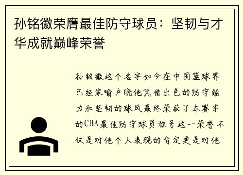 孙铭徽荣膺最佳防守球员：坚韧与才华成就巅峰荣誉