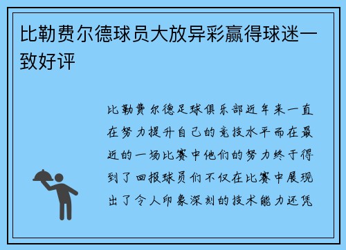 比勒费尔德球员大放异彩赢得球迷一致好评